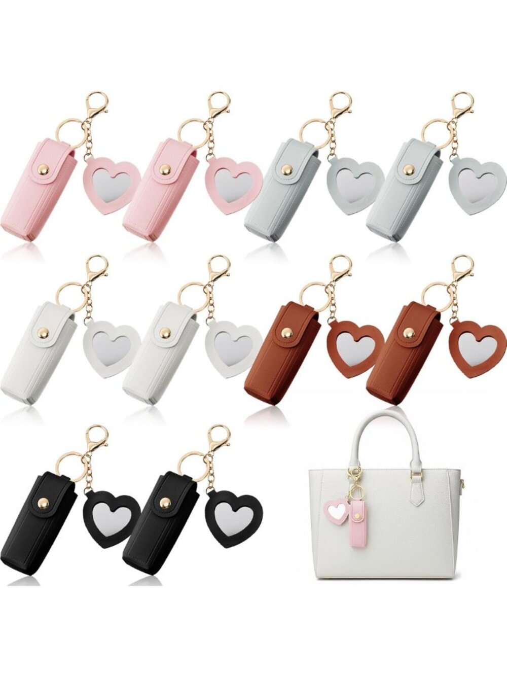 10 Pcs Christmas Lip Balm Holder Keychain with Heart Mirror - Festive Makeup